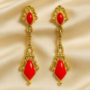 Women's Stylish Gold Filigree Red Color Stone Drop Dangle Earrings - 1.75" Jewel